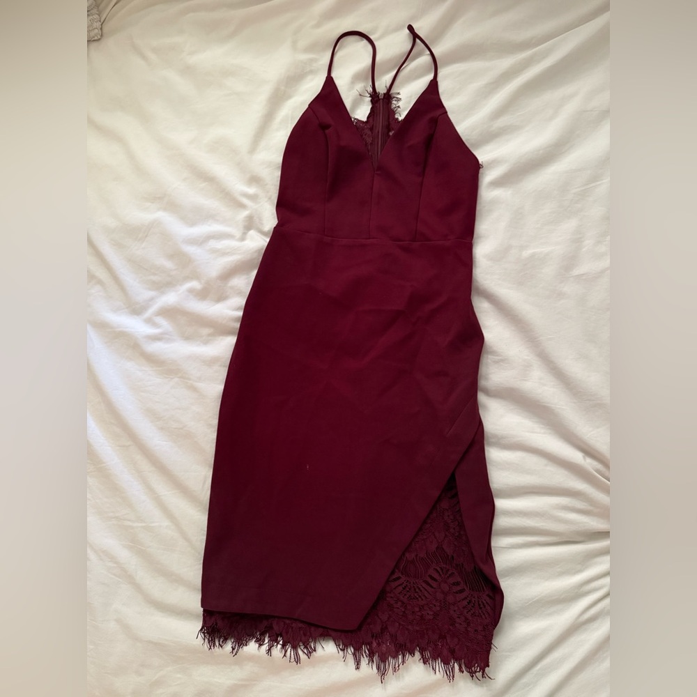 Astr Burgundy Midi Dress with Lace Detail